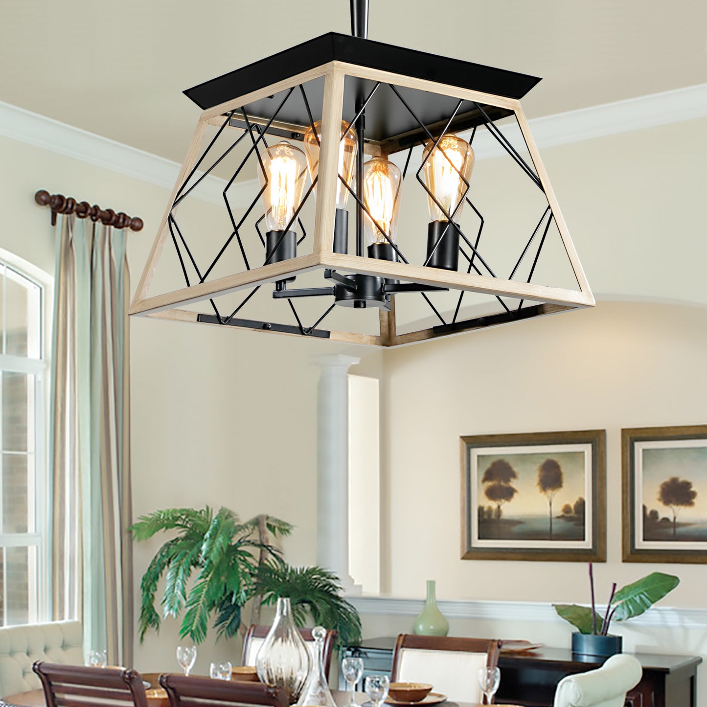 16-Inch Oak Industrial 4-Light Pendant Chandelier - Adjustable
