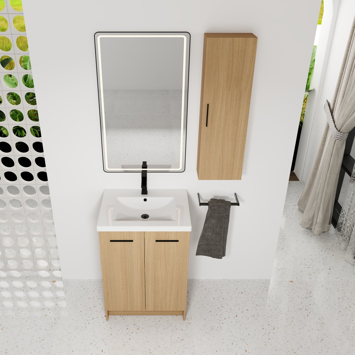24" Freestanding Bathroom Vanity Set with Linen Cabinet - Light Oak