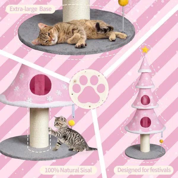 Large 59in Christmas Tree Cat Tower with 2 Condos & Scratching Post - Pink