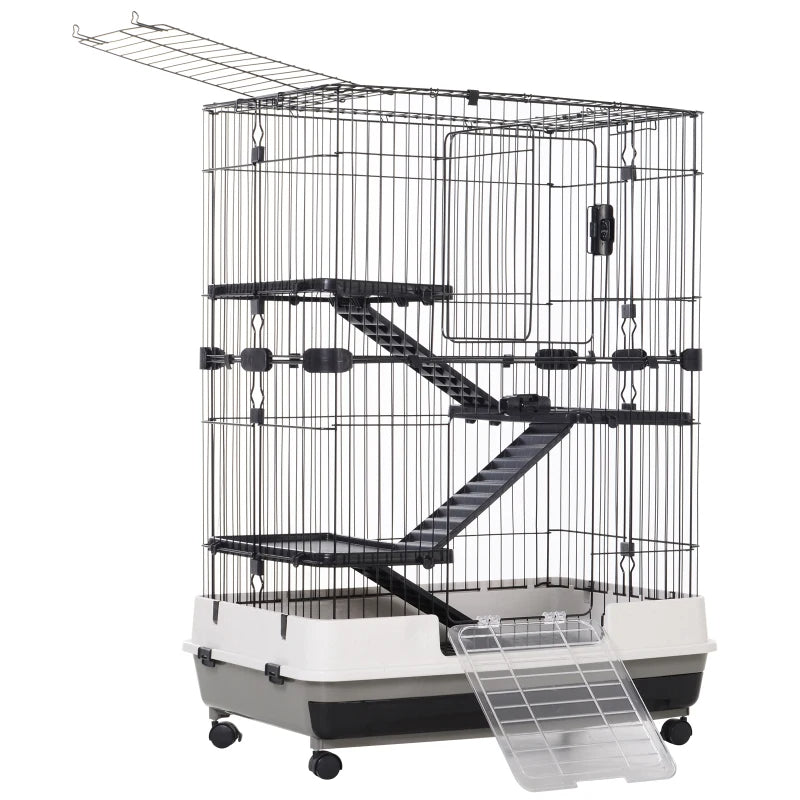 Small Animal Cage with Lockable Wheels, Slide-Out Tray for Rabbits, Chinchillas, Ferrets - Black