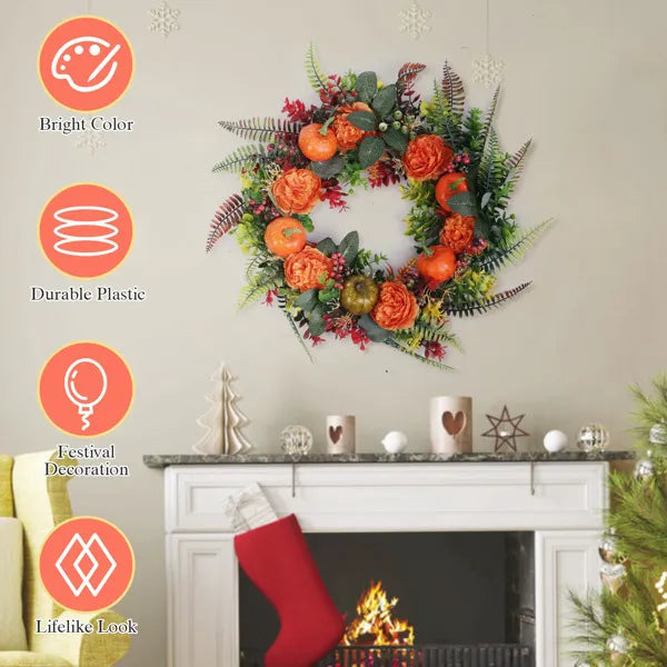 Autumn Wreath with Pumpkin, Leaves & Berries - Fall Decor