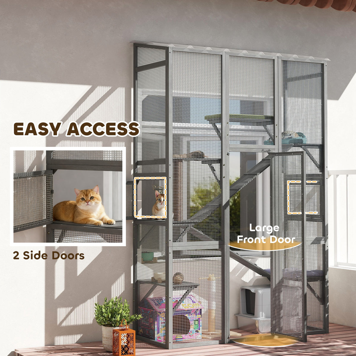 Large Wooden Outdoor Cat Enclosure with Platforms, Ramps & Scratching Post