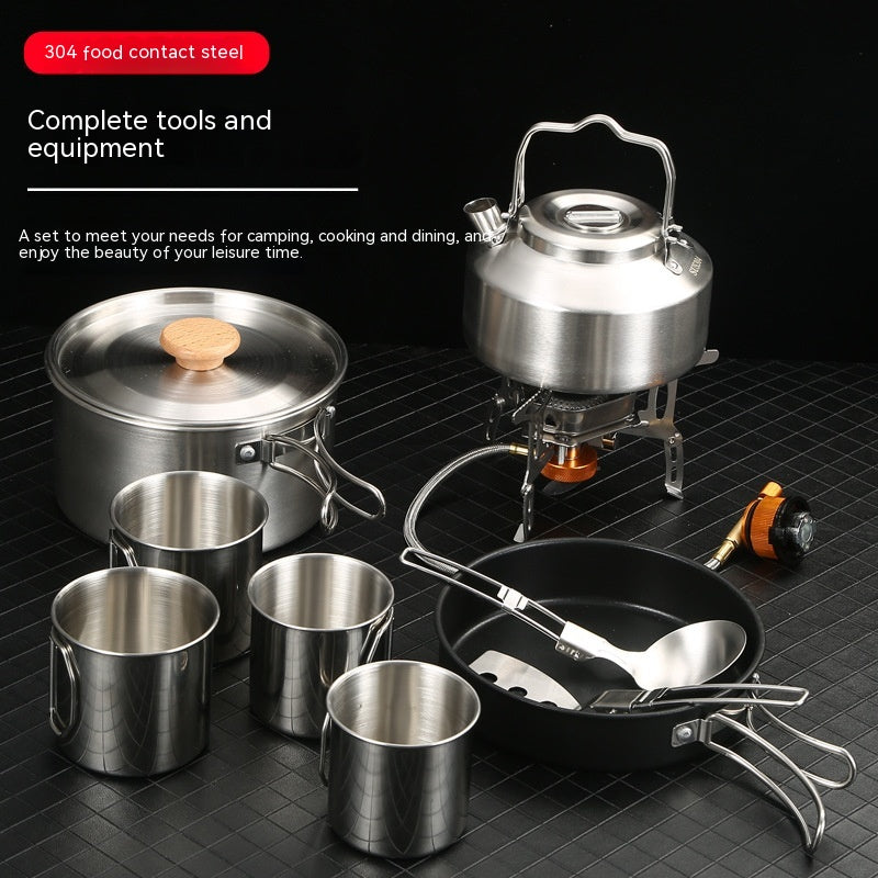 Portable Outdoor Cookware Set with Folding Pans & Windproof Gas Stove