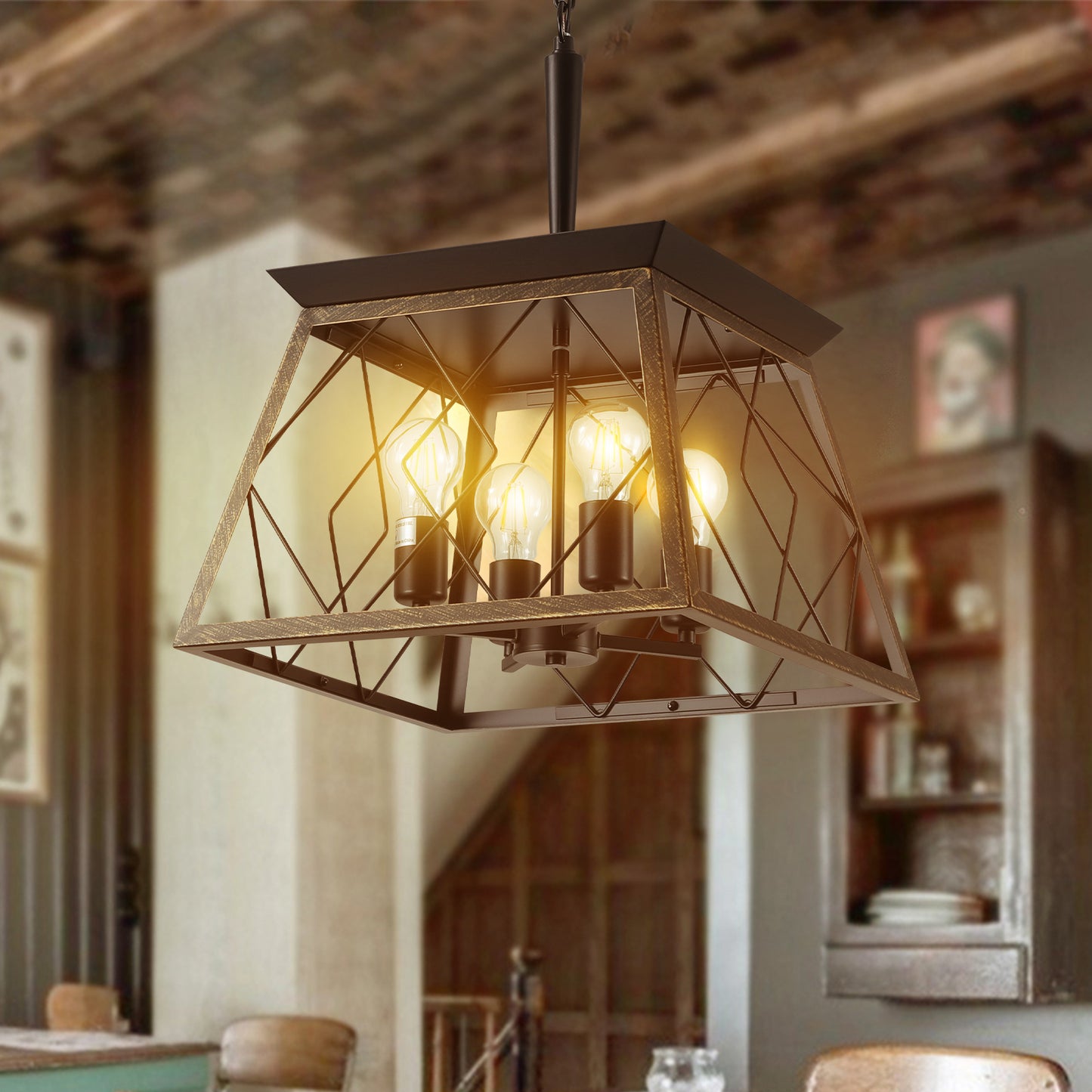 16-Inch Black Gold Industrial 4-Light Pendant Chandelier
