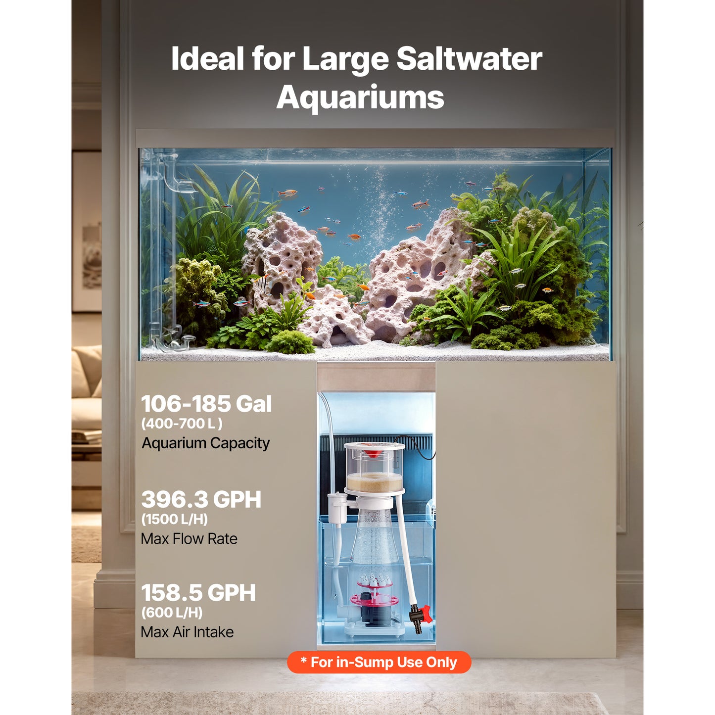 Protein Skimmer for 106-185 Gallon Saltwater Aquarium with Pump, Adjustable Control