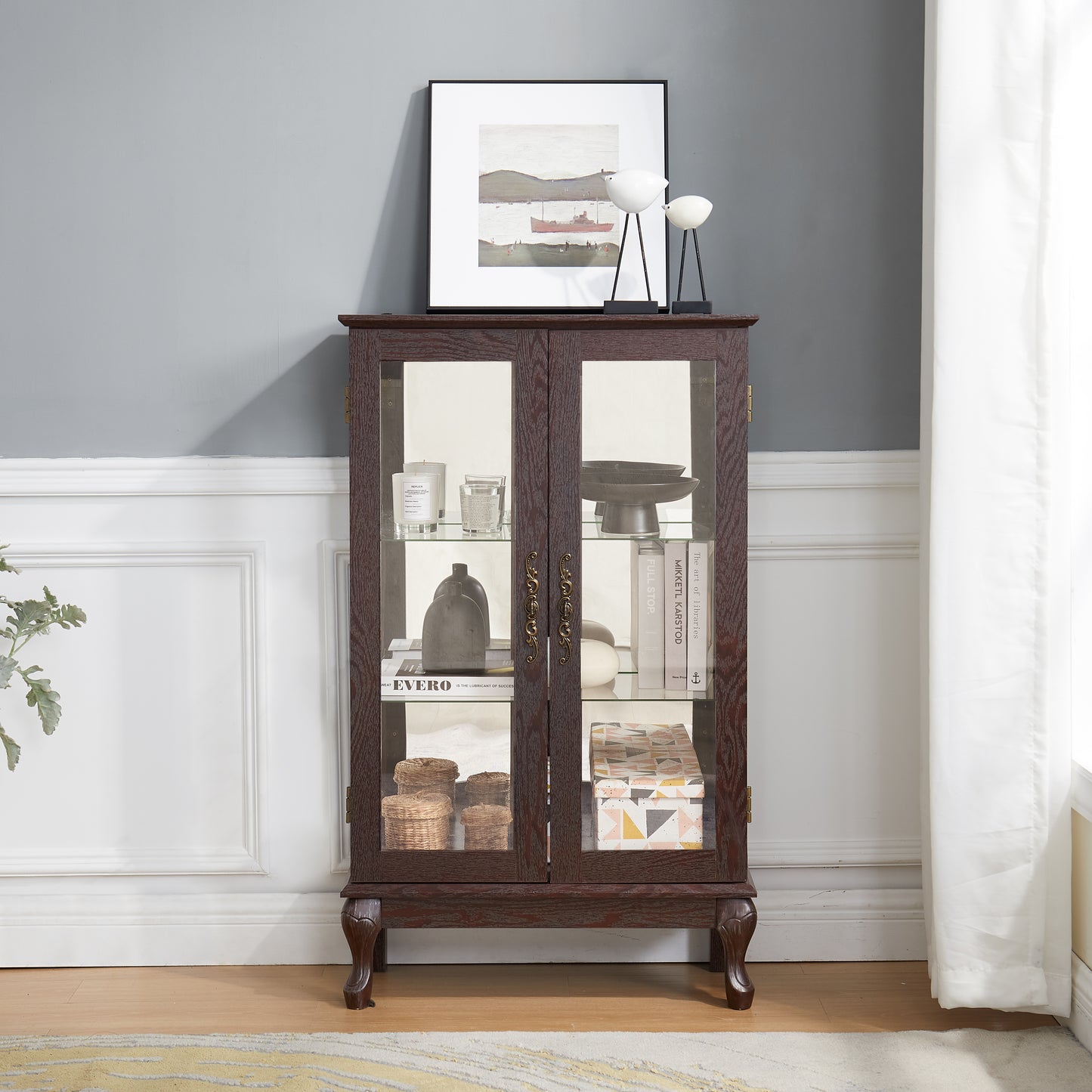 Lighted Curio Cabinet with Glass Doors & Adjustable Shelves - Cherry
