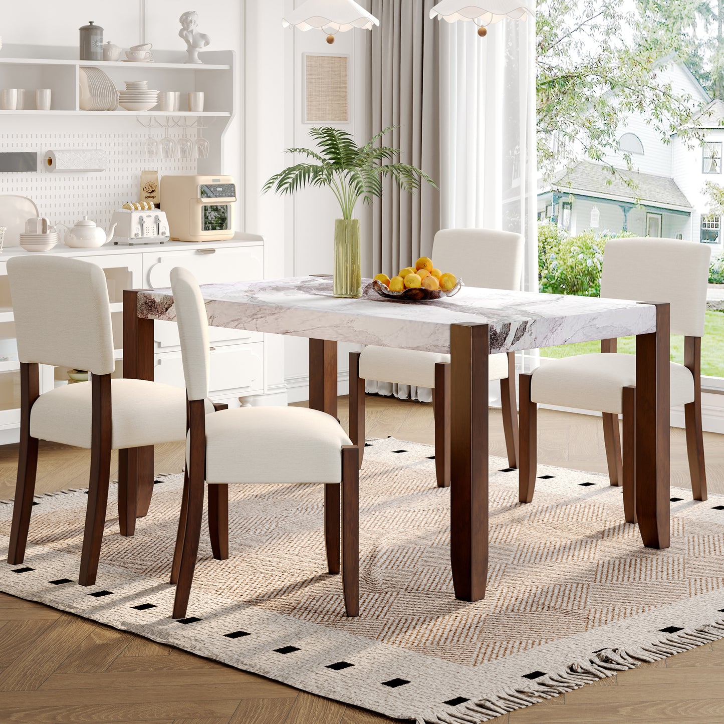5-Piece Dining Table Set for 4 - Faux Marble Table & Upholstered Chairs