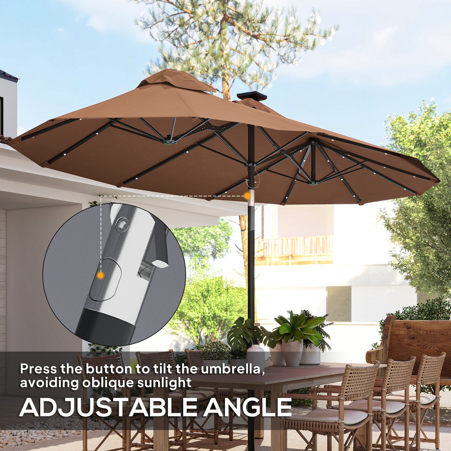 Double-Sided Patio Umbrella with LED Lights - Coffee