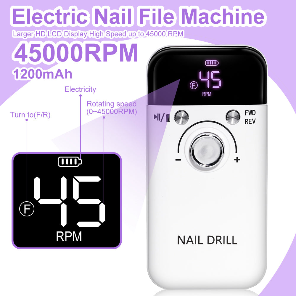 Professional Electric Nail Drill, 45000RPM Rechargeable Portable Nail File Kit