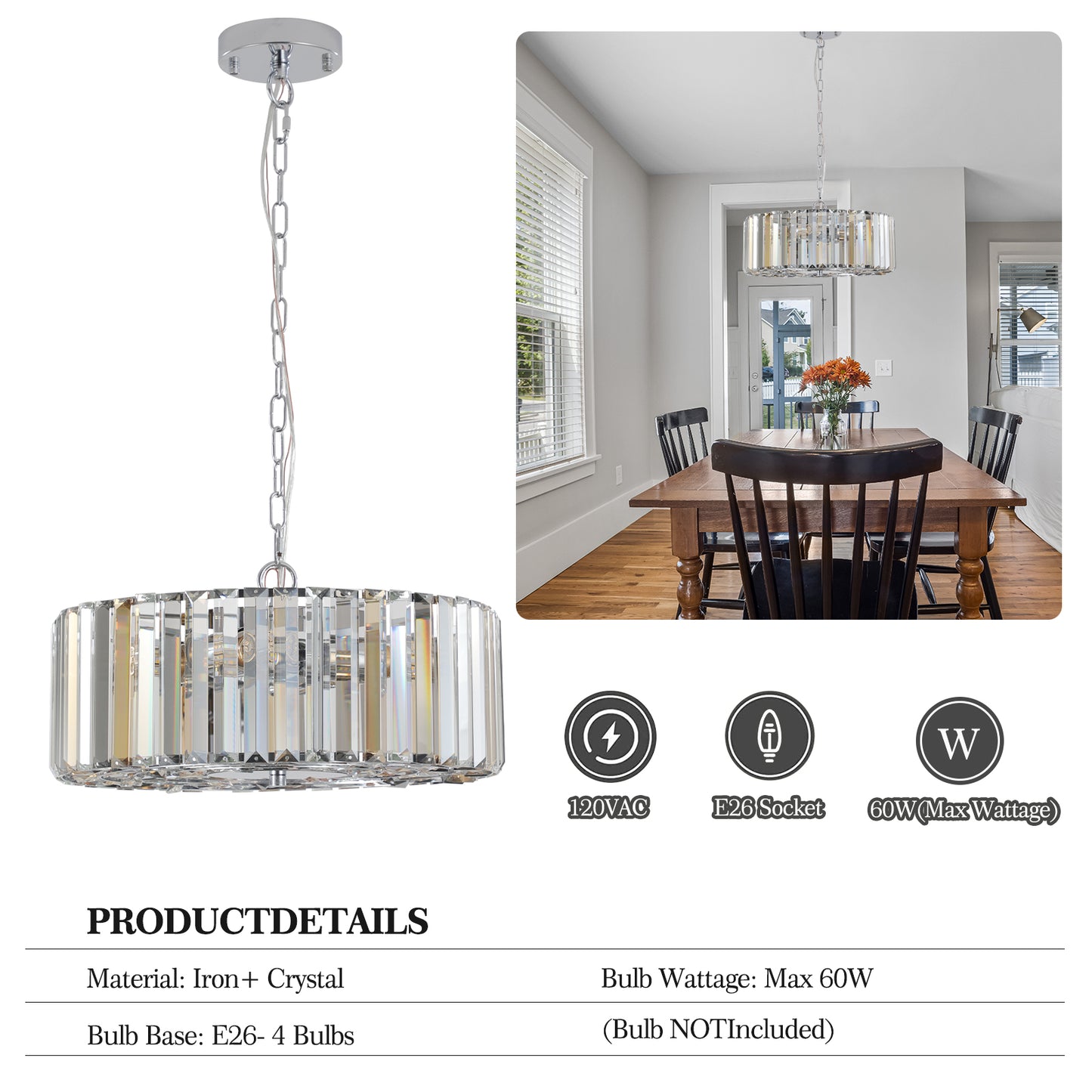 17-Inch Chrome Crystal Pendant Chandelier - Modern 4-Light Fixture