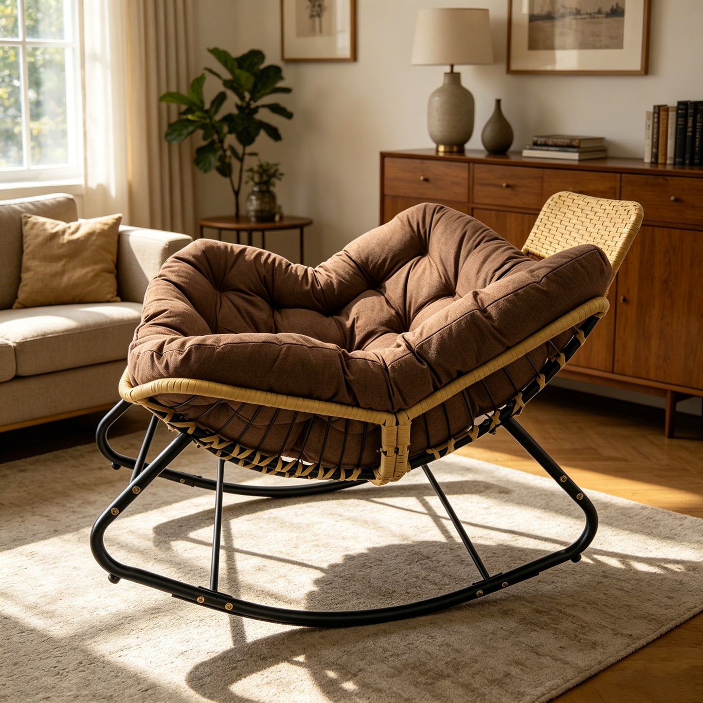 Oversized Papasan Rocking Chair with Thick Cushion - Brown