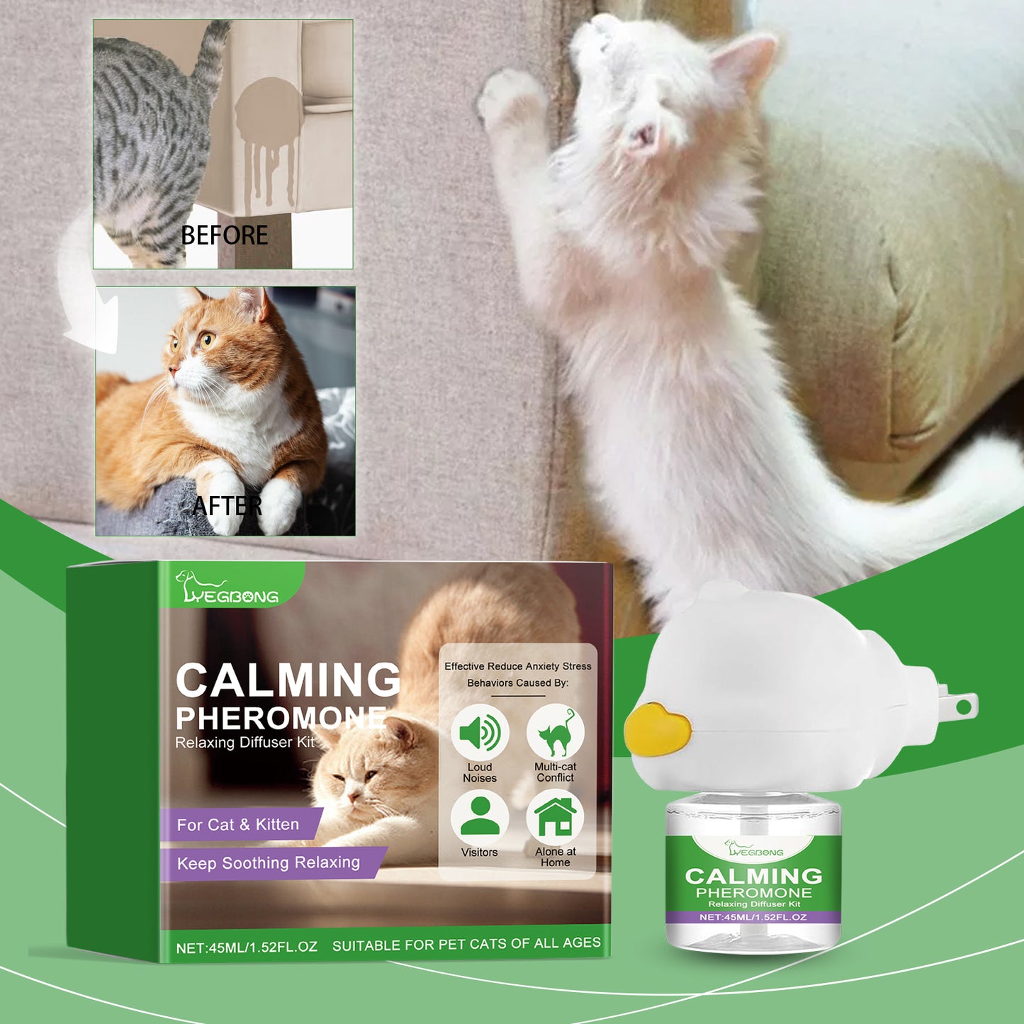 Cat Calming Pheromone Diffuser Kit 45ml Stress Relief for Anxious Cats
