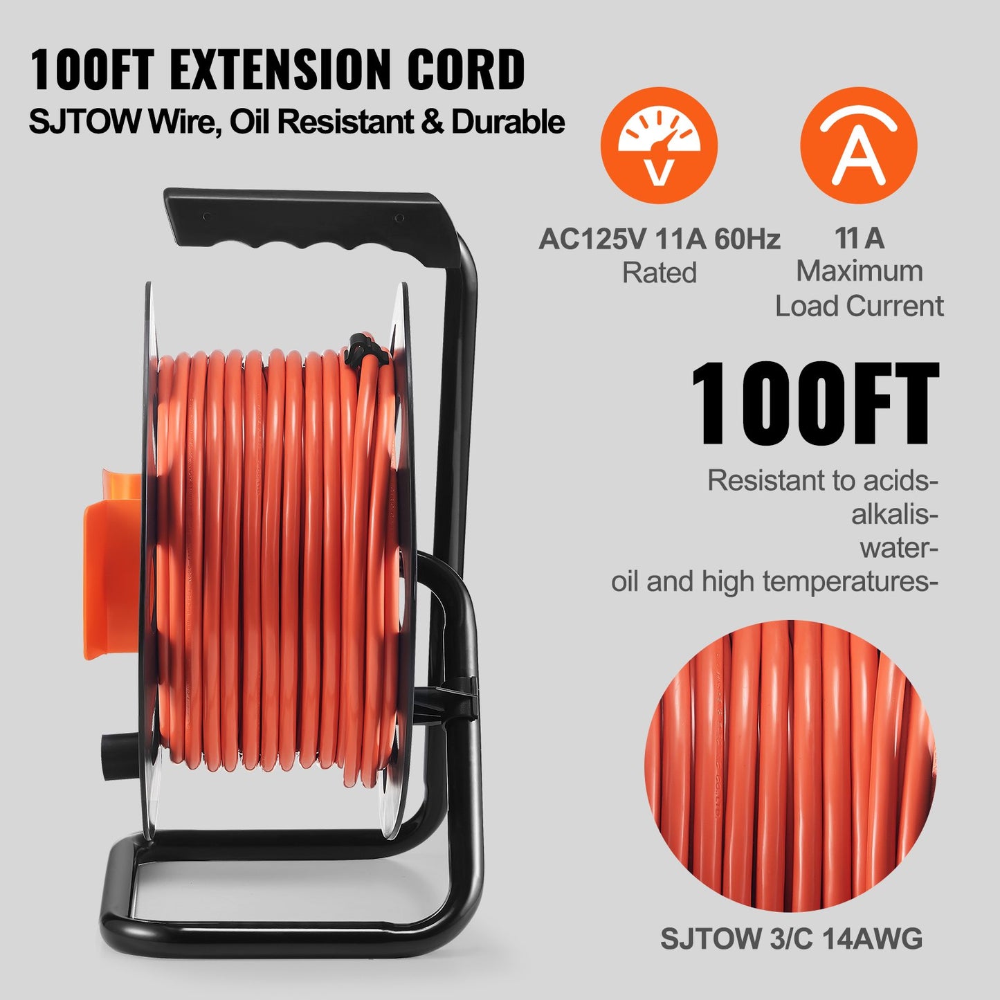Heavy Duty 100FT Extension Cord Reel with 4 Outlets Dust Cover Circuit Breaker Orange