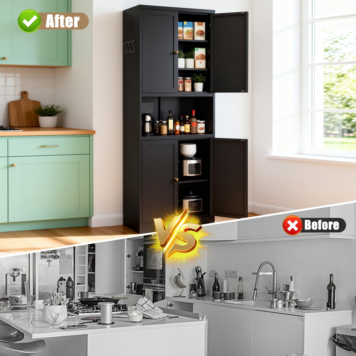 72" High Black Metal Kitchen Pantry Storage Cabinet with Adjustable Shelves