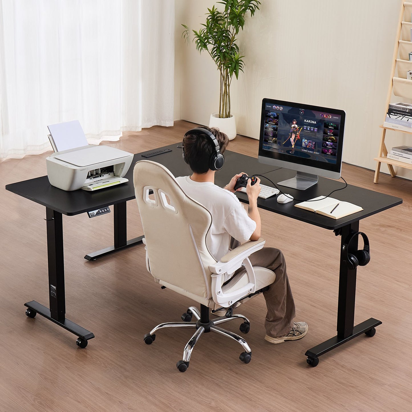 Electric Adjustable Height L Shaped Gaming Desk with Wheels - Black