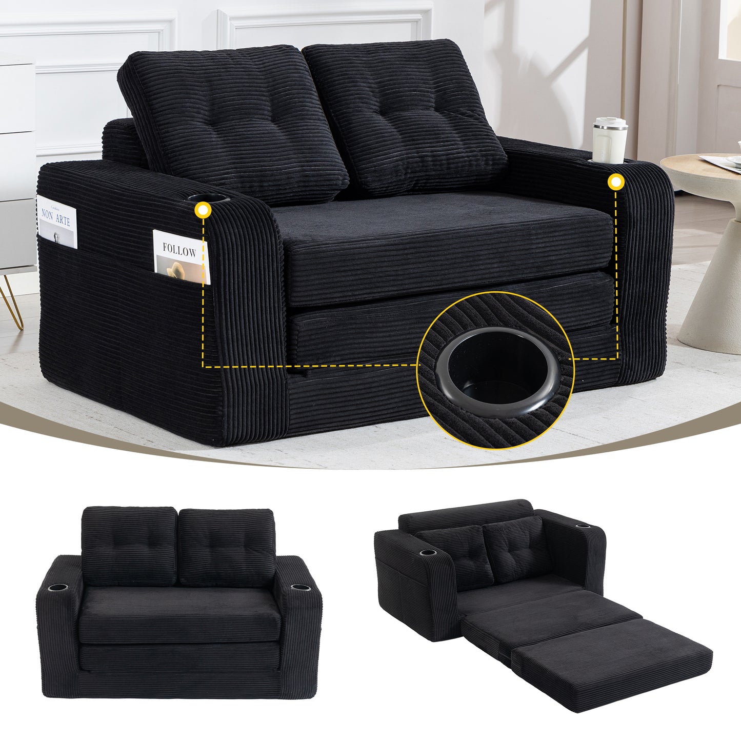 Convertible Sofa Bed - Expandable 2-in-1 Floor Couch with Pillows - Black