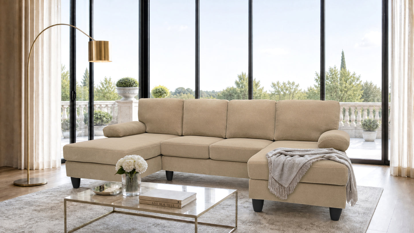 U-Shaped Sofa with Nubby Upholstery and Dual Chaise - Camel
