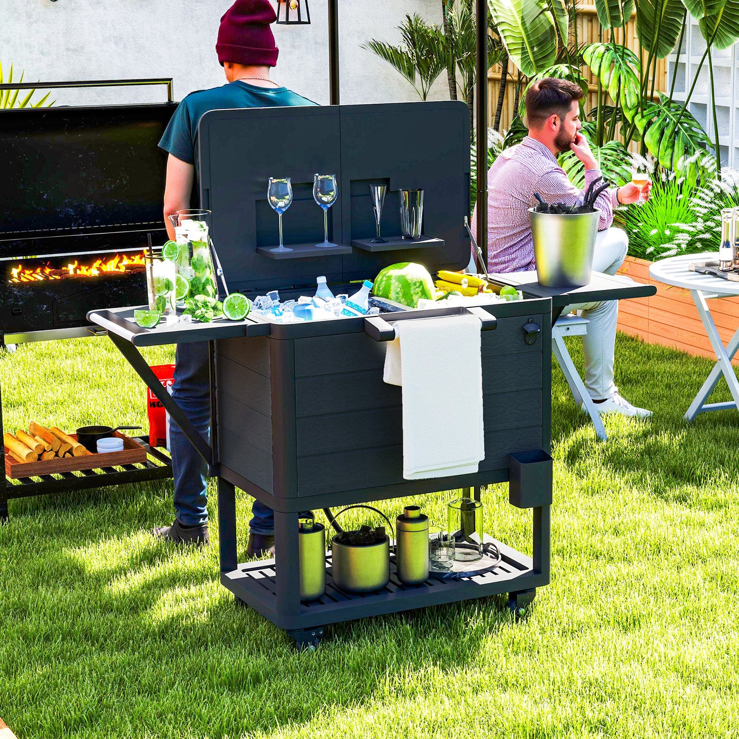 104 Quart Outdoor Cooler Cart with Bottle Opener & Wheels - Black