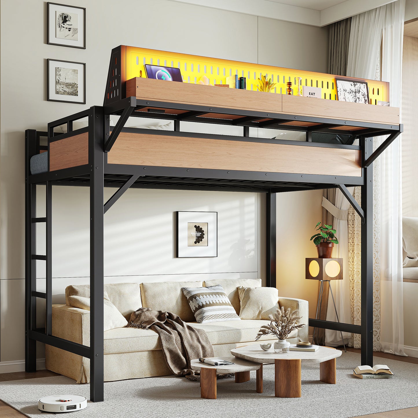 Twin XL Loft Bed Frame with Storage Shelves, USB Ports & LED Lights - Natural