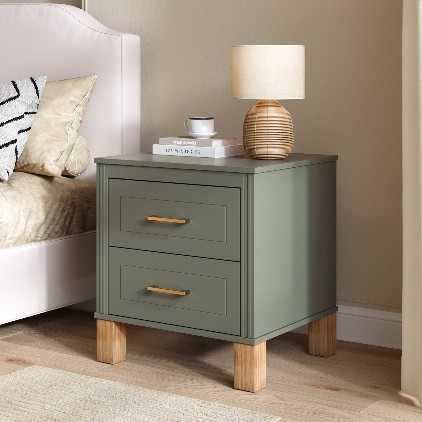 2 Drawer Nightstand - Premium Wood Storage with Fluted Design, Olive