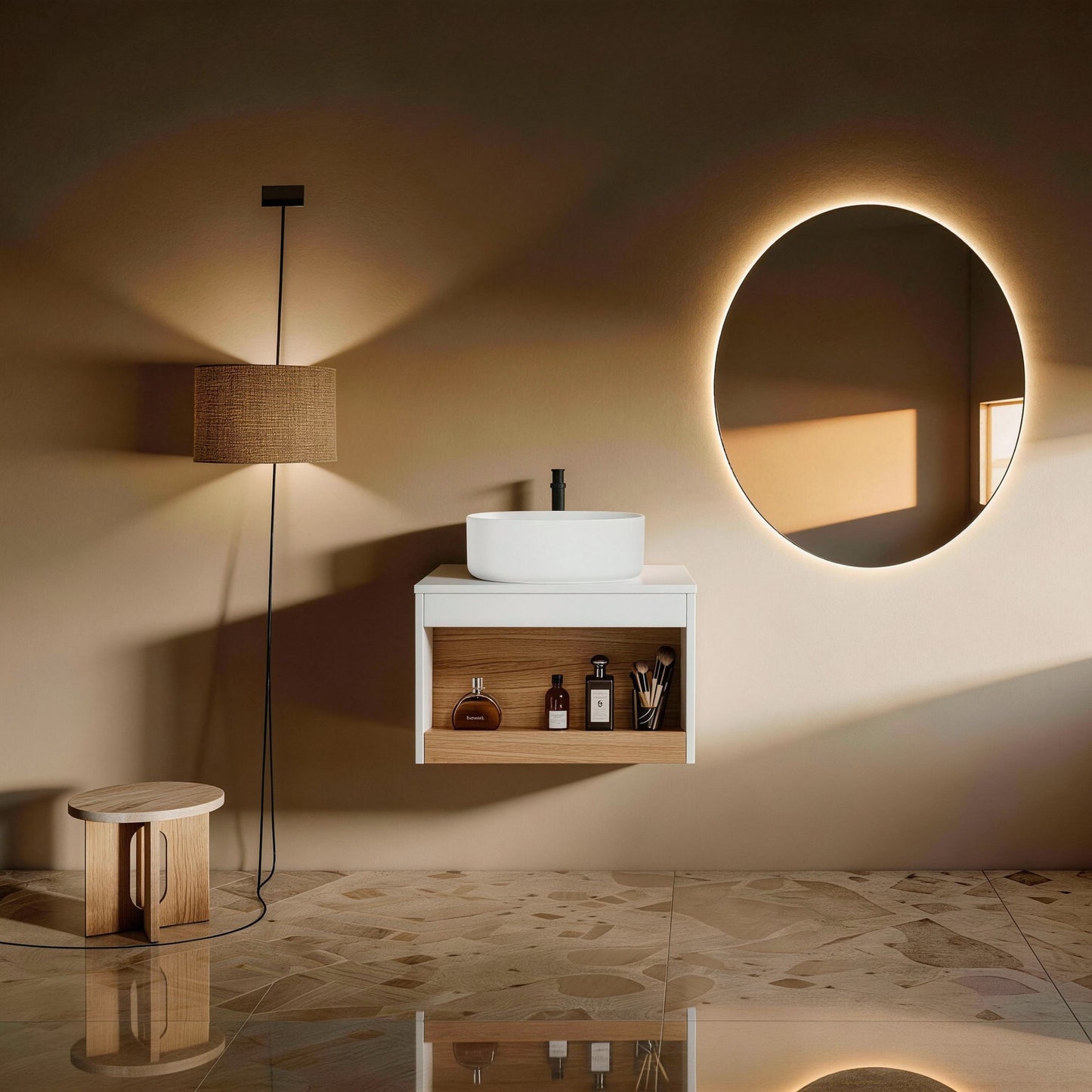 24" Wall-Mounted Bathroom Vanity with Open Shelf - White & Light Oak