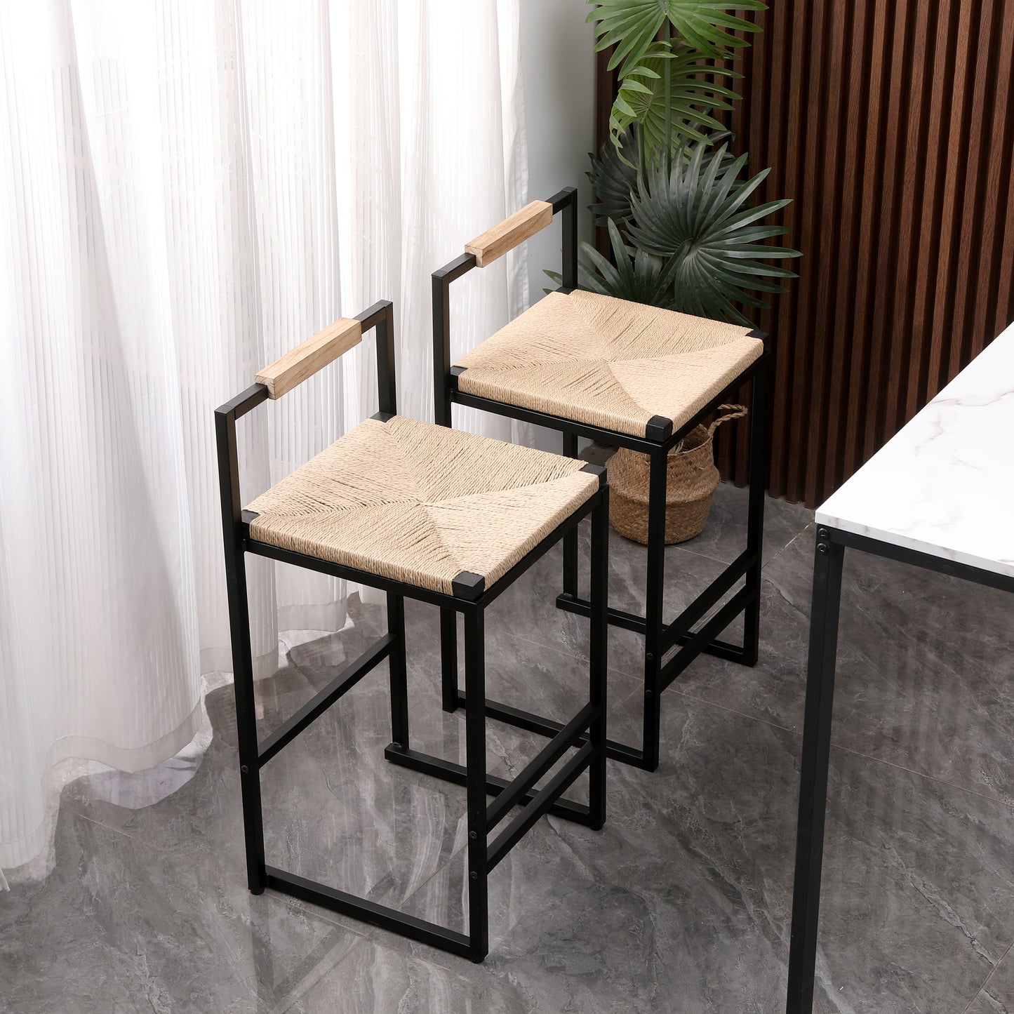 Set of 2 Counter Height Bar Stools with Back - Natural Paper Rope