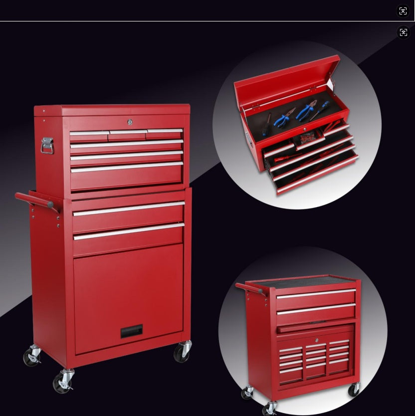 8-Drawer Tool Cabinet Combo with Lock - Red Rolling Storage Chest