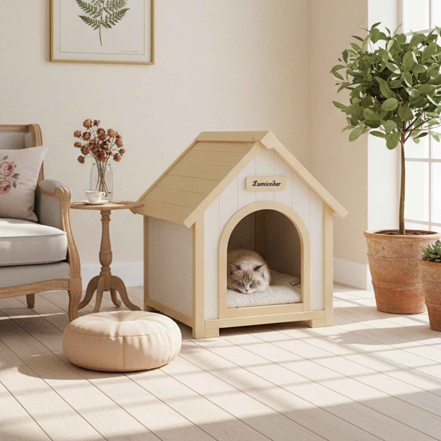 Indoor Wooden Dog House with EVA Cushion - Small Pet Shelter in Creamy White