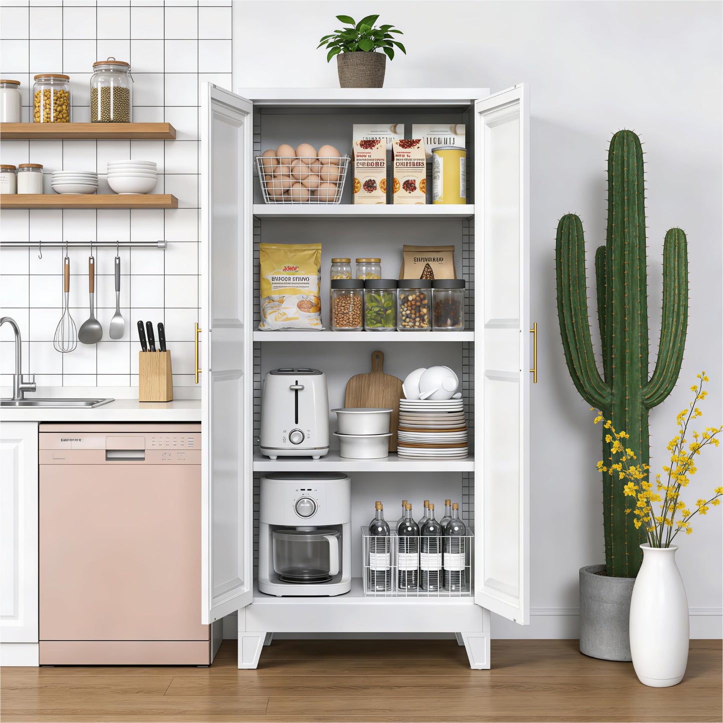 Metal Kitchen Pantry Cabinet with Adjustable Shelves - White