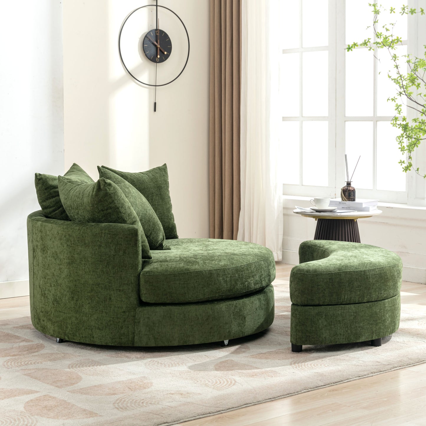 360° Swivel Accent Barrel Chair with Storage Ottoman & 4 Pillows - Green
