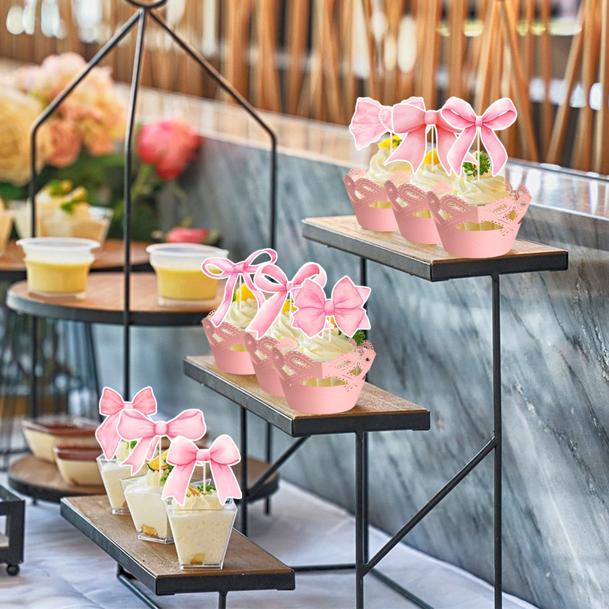 48-Piece Pink Bow Cupcake Toppers Kit - Party Supplies