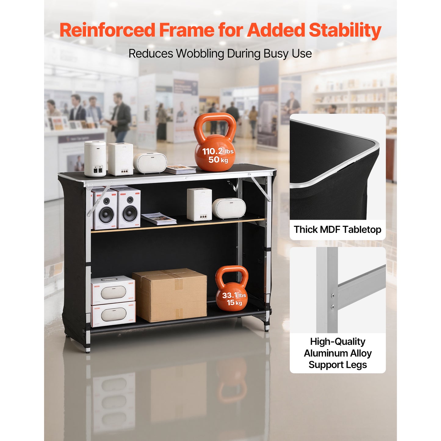 Foldable Portable Bar Table 43.5x15.4x39.8in with Storage Shelves & Carry Bag