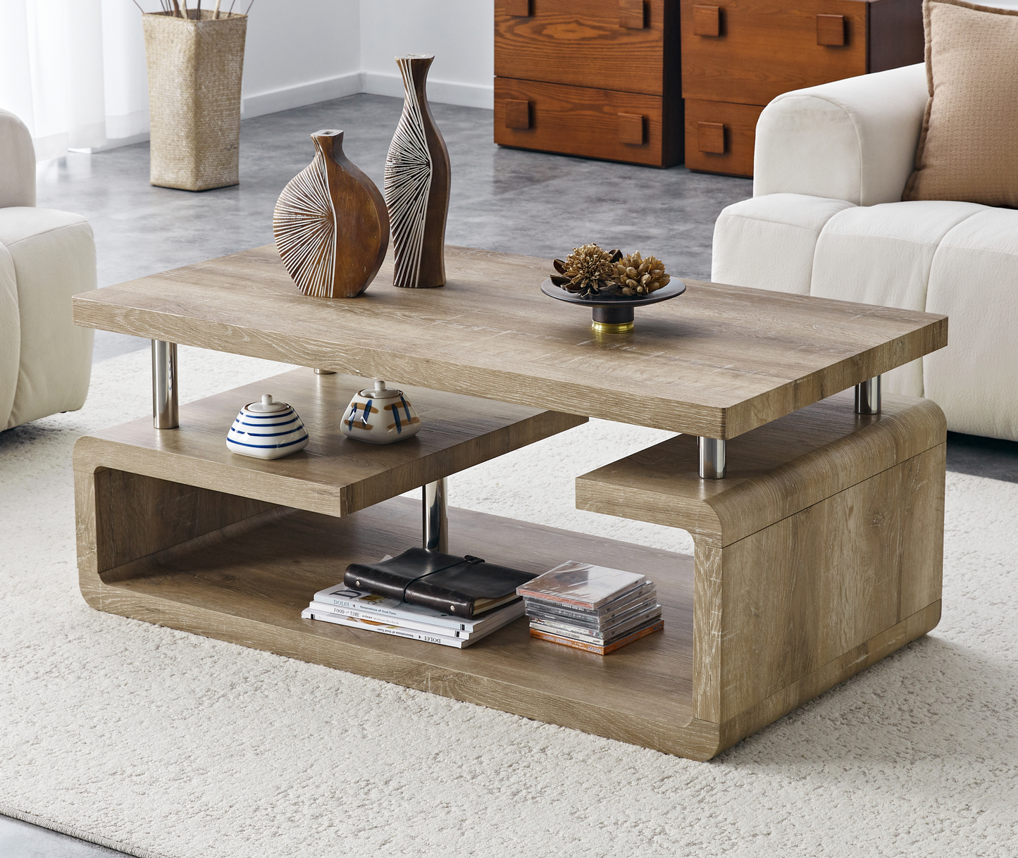 MDF Coffee Table with Carved Wood Grain & Multi-Storage Compartments