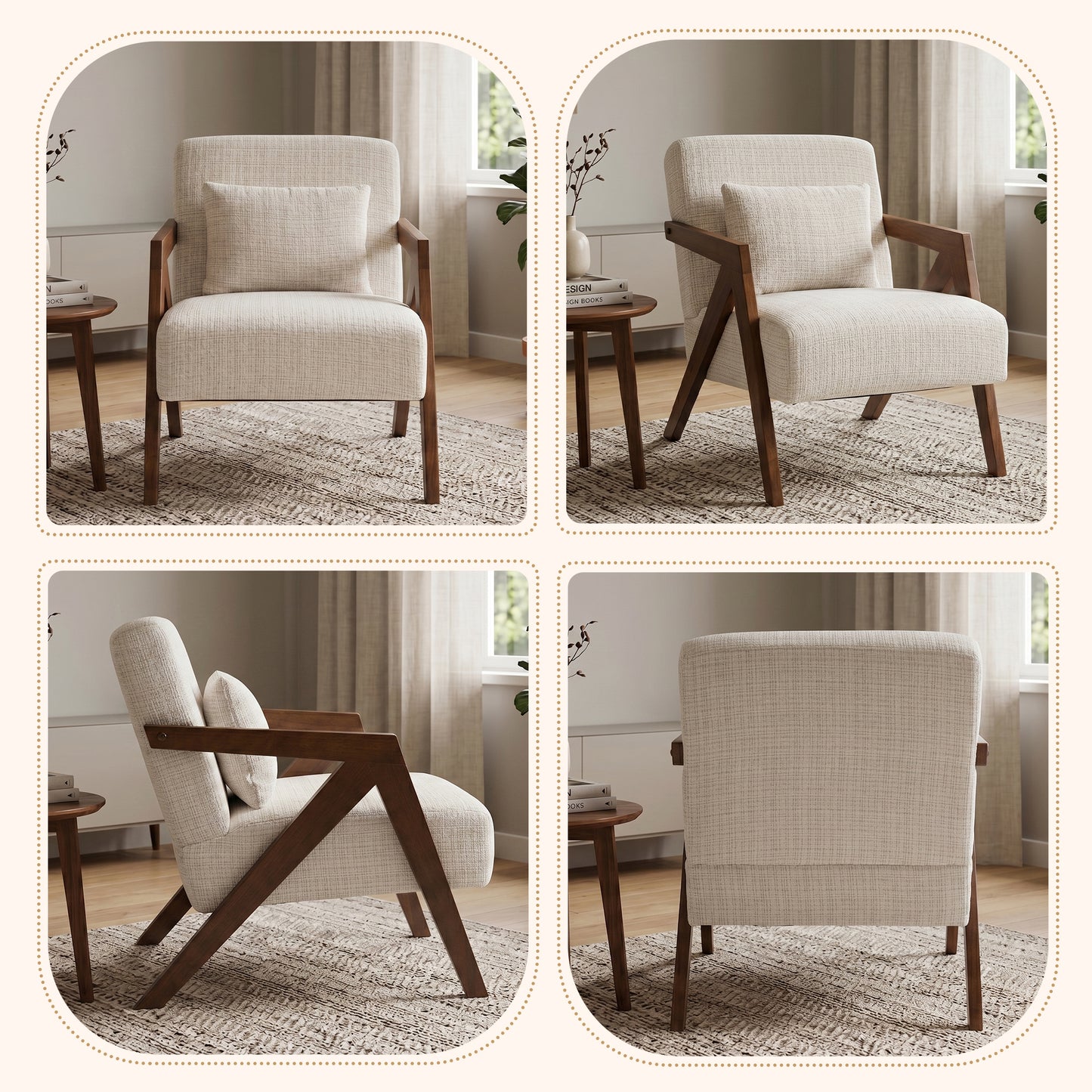 Mid-Century Modern Accent Chair - Solid Wood & Upholstered Chenille - Beige