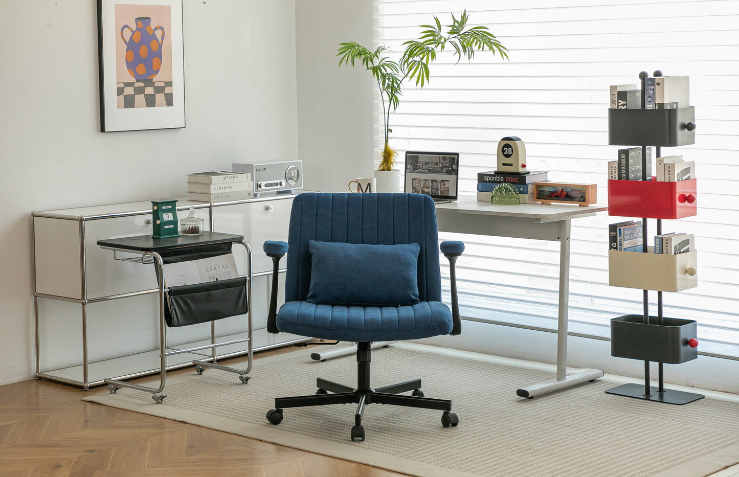 Blue Modern Linen Criss Cross Armrest Office Chair