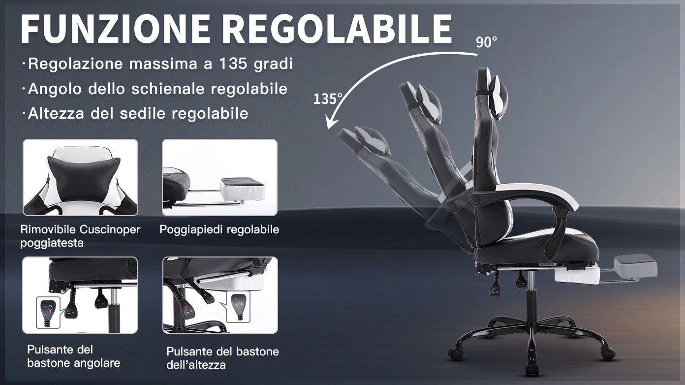 Ergonomic Gaming Chair with Massage & Footrest - Black & White