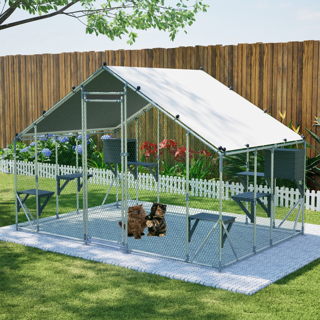 Outdoor Metal Cat Cage 3x2m with Solid Wood Platform Waterproof Tarp Safety Lock