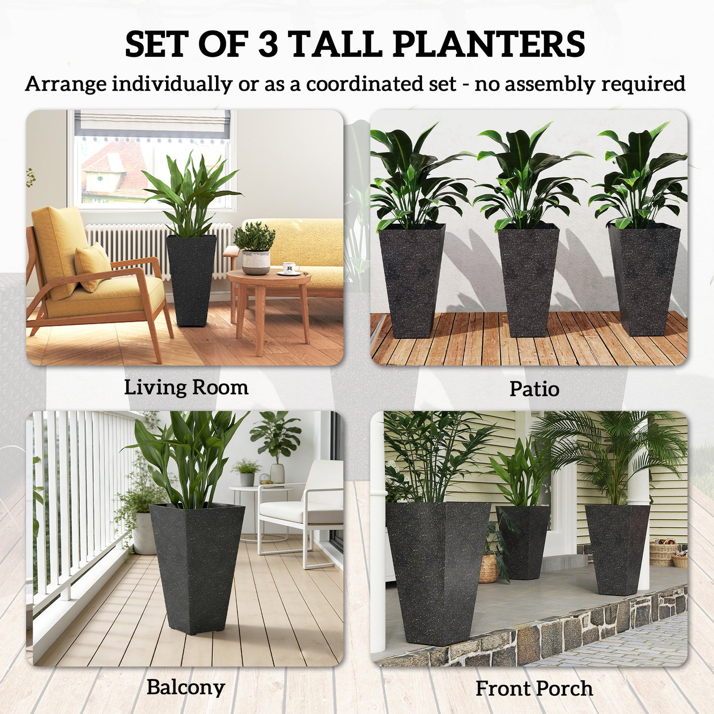 28-Inch Tall Plastic Planters Set of 3 with Marble Finish and Drainage Holes