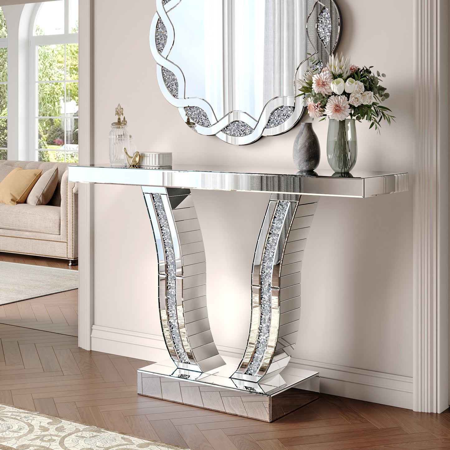 43 Inch Mirrored Console Table - Modern Silver Accent Table