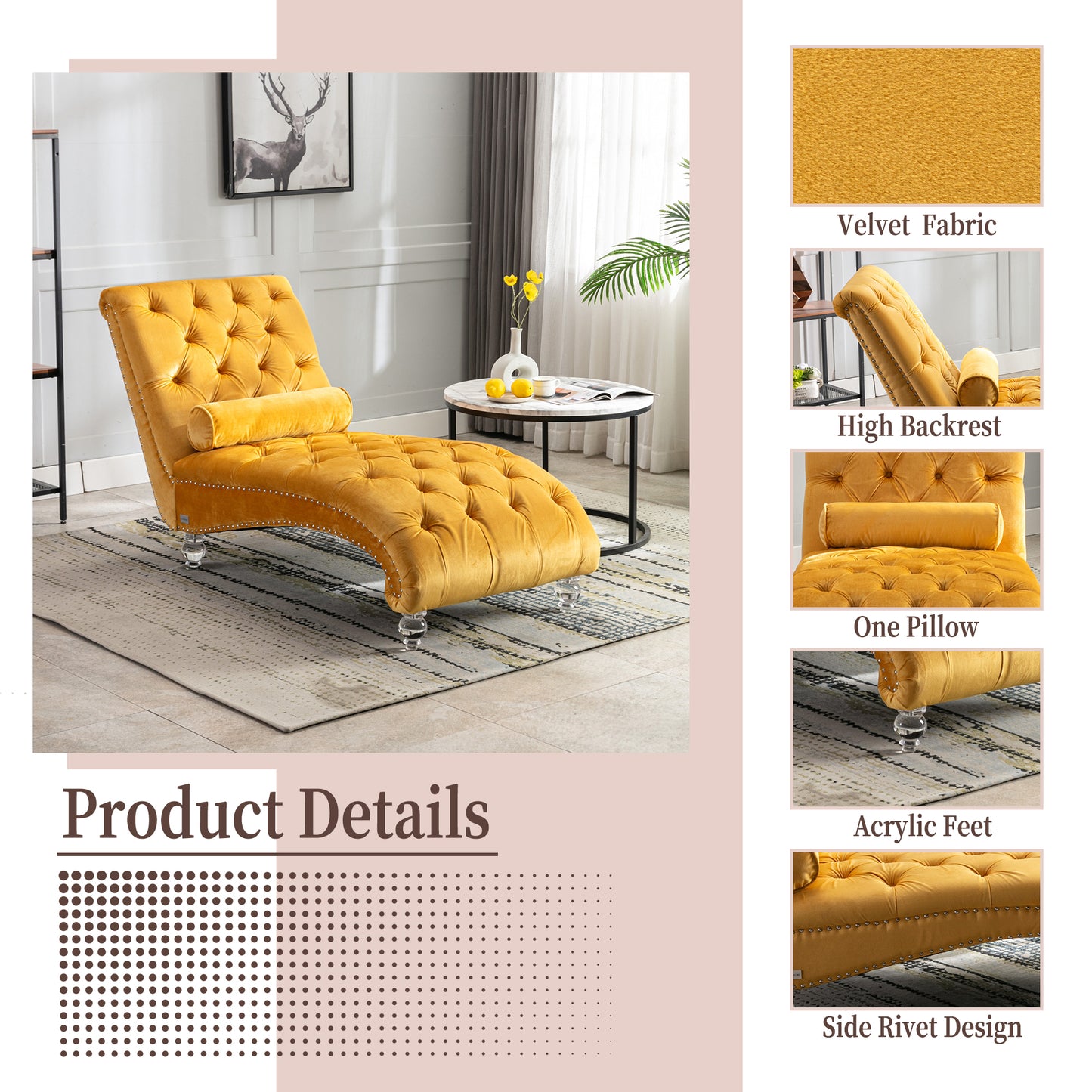 Mustard Velvet Chaise Lounge Chair - Button-Tufted Upholstered Design