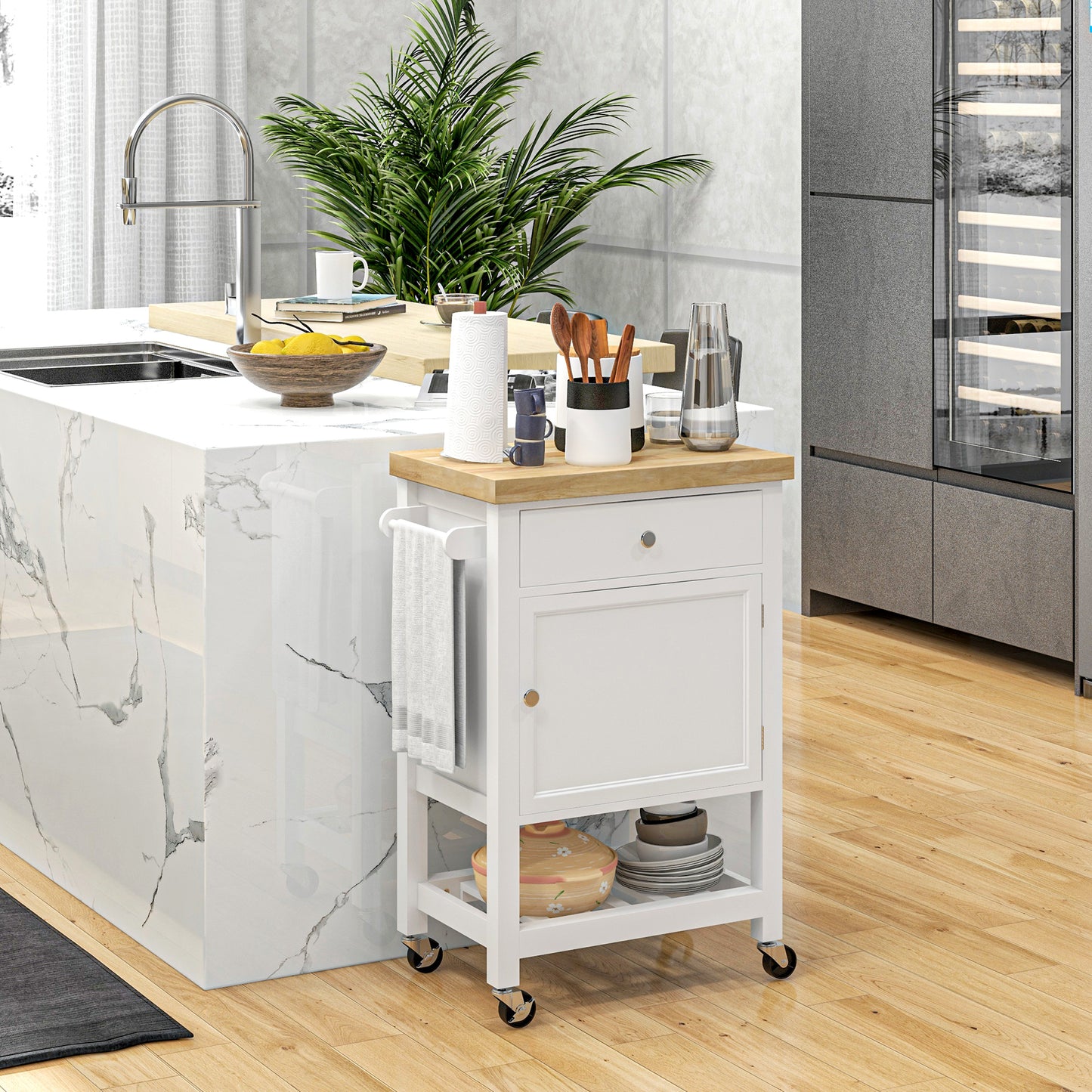 Rolling Kitchen Cart with Rubberwood Top, Drawer, and Wine Rack - White