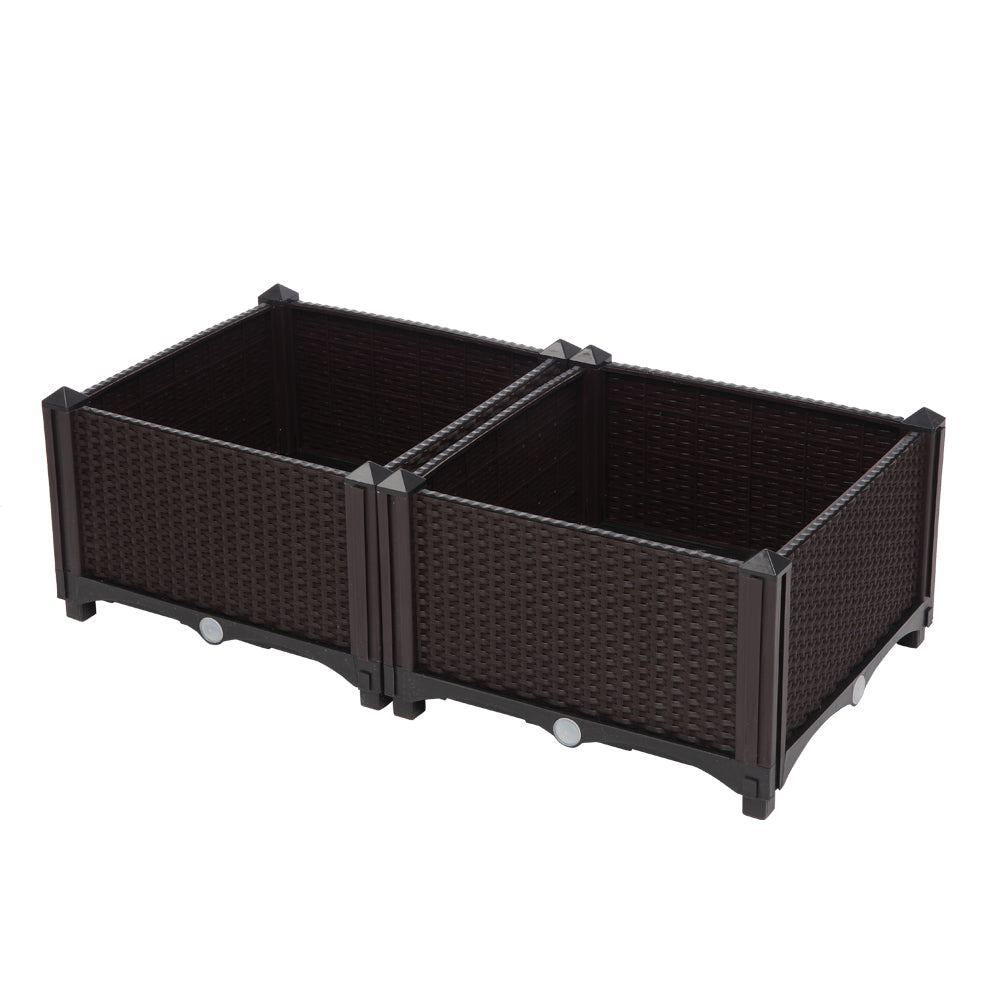 2PCS Brown Injection Molded Planting Box Garden Planter with Rattan Pattern