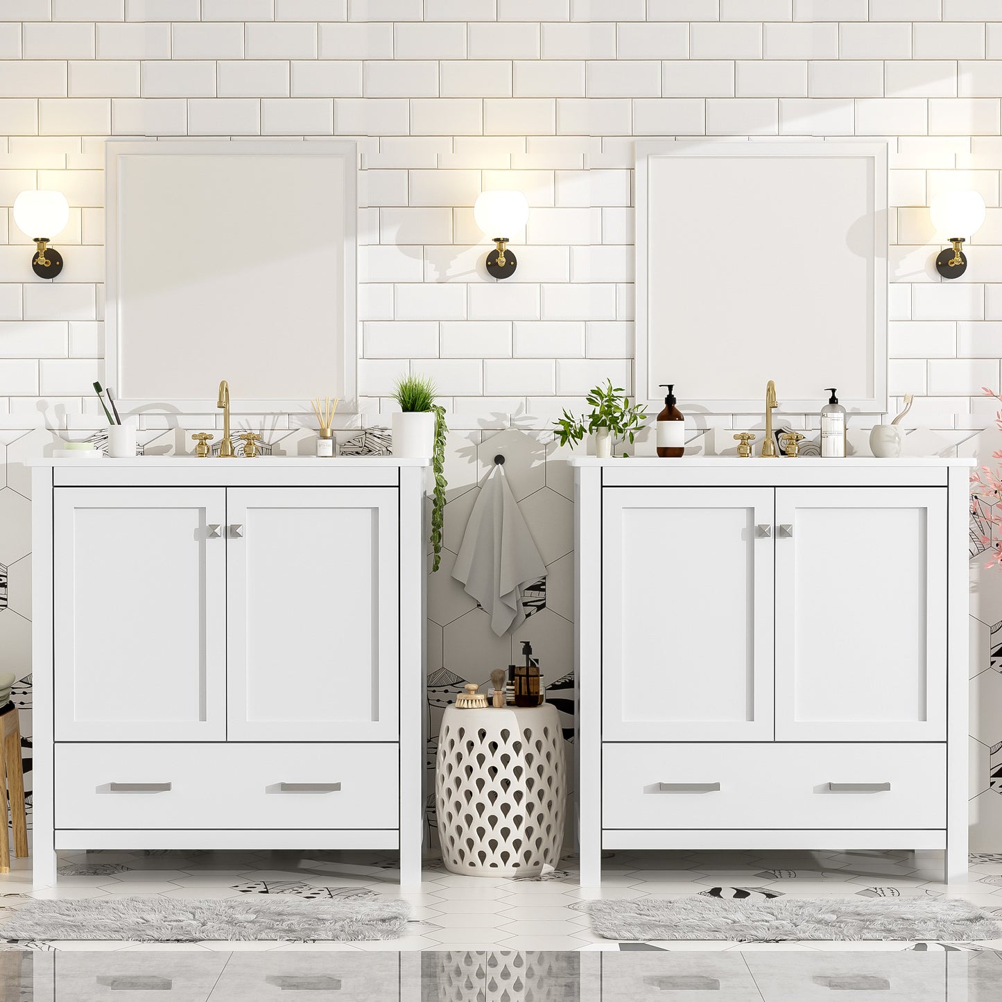 60" White Bathroom Vanity Set with Double Ceramic Sinks & Storage