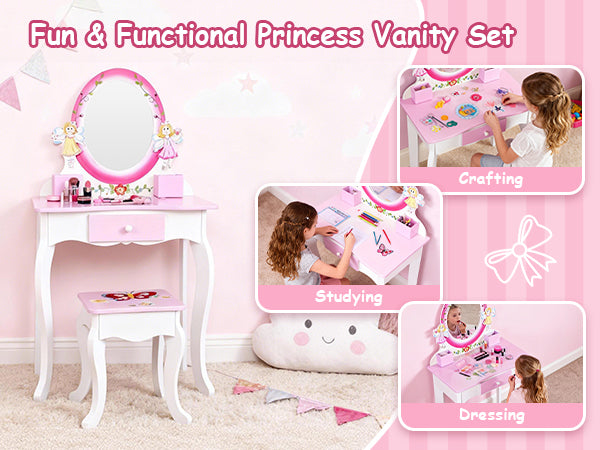 Kids Vanity Set Floral Printed Wooden Makeup Dressing Princess Table