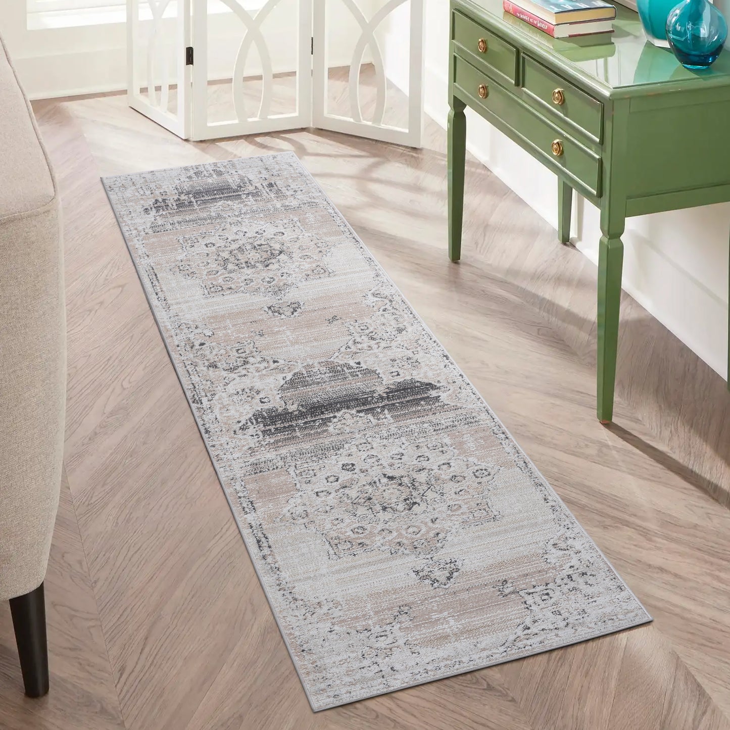 PAYAS 2X8 Cream Beige Medallion Runner Rug
