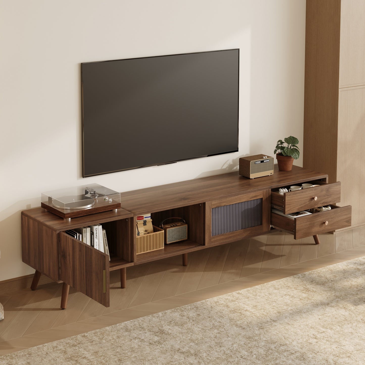 76" Modern Minimal Glass-Door TV Stand for 85" TVs - Natural