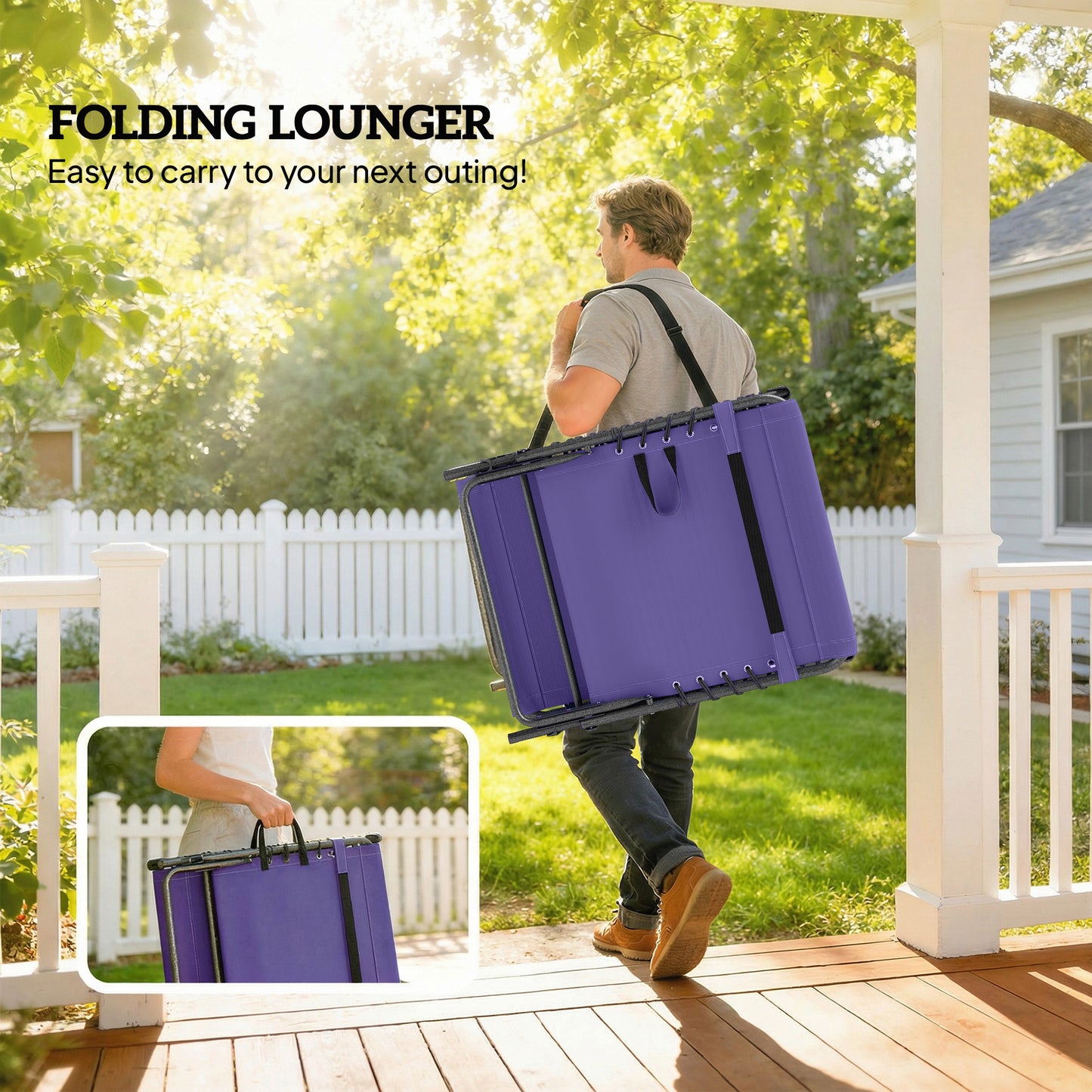 Folding Outdoor Chaise Lounge Chair with 5-Level Adjustable Back, Side Table, Pillow - Purple