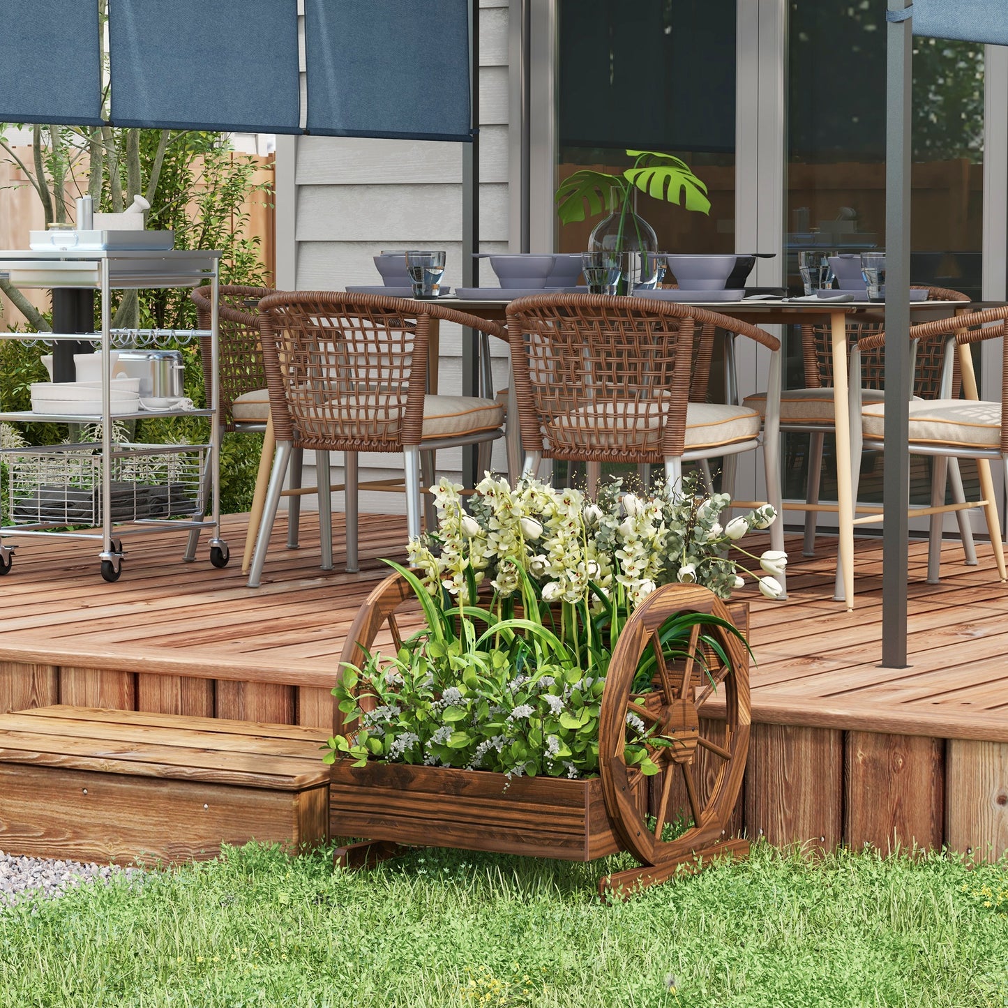 Wooden Wagon Planter Box 3-Tier Raised Garden Bed for Vegetables Flowers Herbs - Carbonized 25" x 24" x 23"
