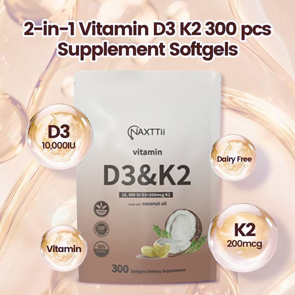 Vitamin D3 + K2 Softgels with Coconut Oil - 300 Capsules for Bone & Heart