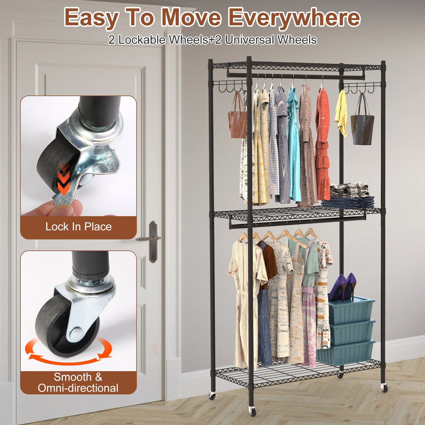 1Pc 2 Tier Foldable Clothing Rack With Cover Portable Wardrobe Closet